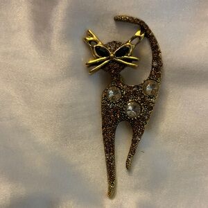 Gold and Brown Cat Brooch/Pendant with Rhinestones